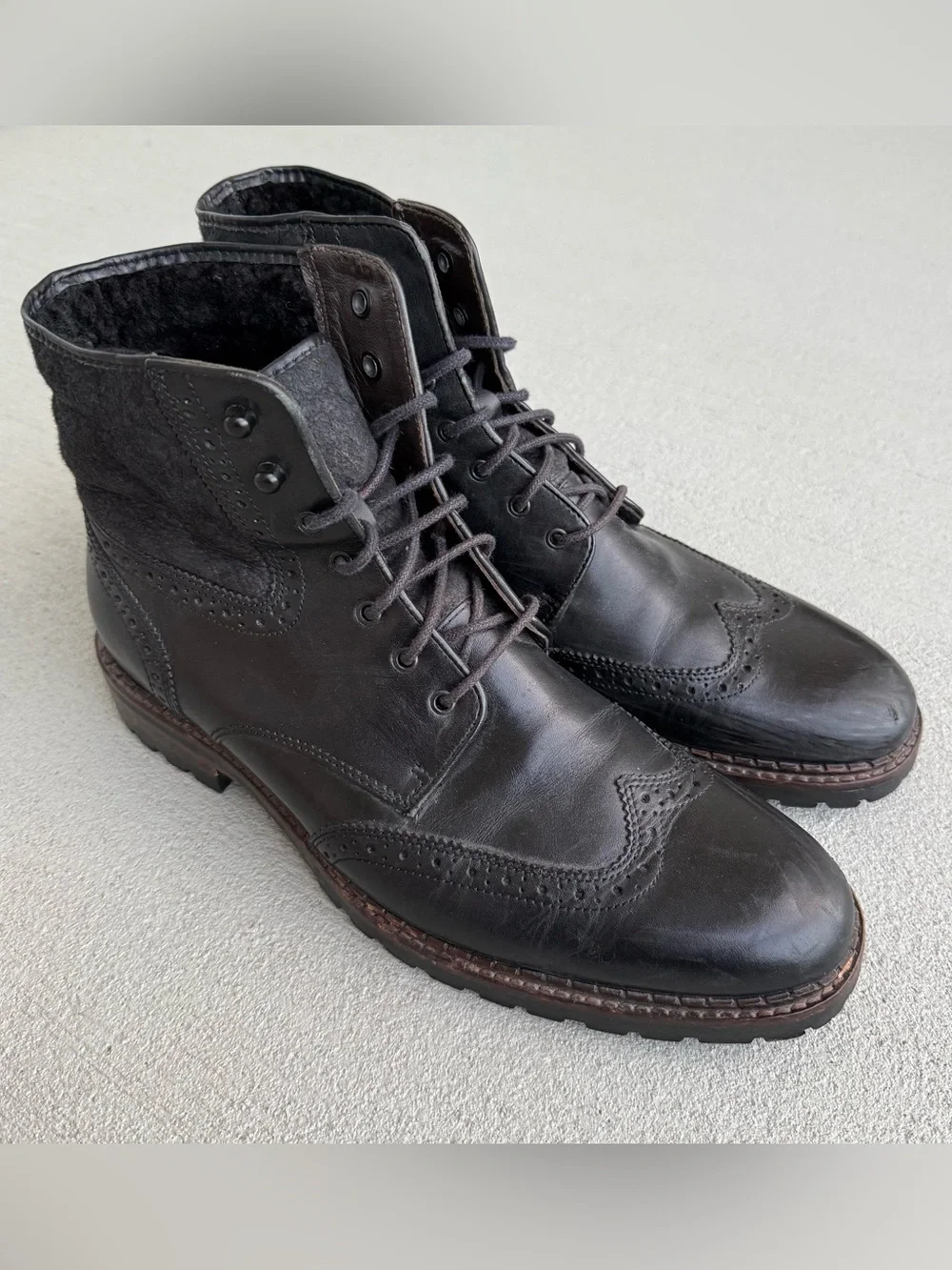 Johnston & Murphy Jennings Shearling Boots 10.5 M Black Leather Wing Tip Brazil